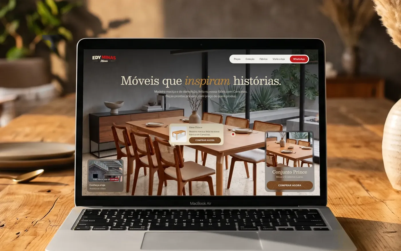 Site da Edy Minas Móveis aberto num notebook
